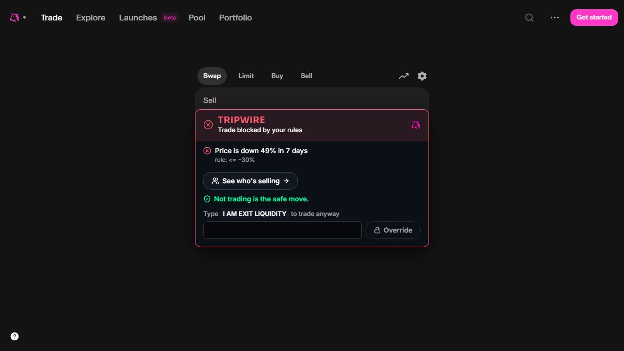 Tripwire’s I AM EXIT LIQUIDITY warning for GIZA on Uniswap. Recorded screenshot.